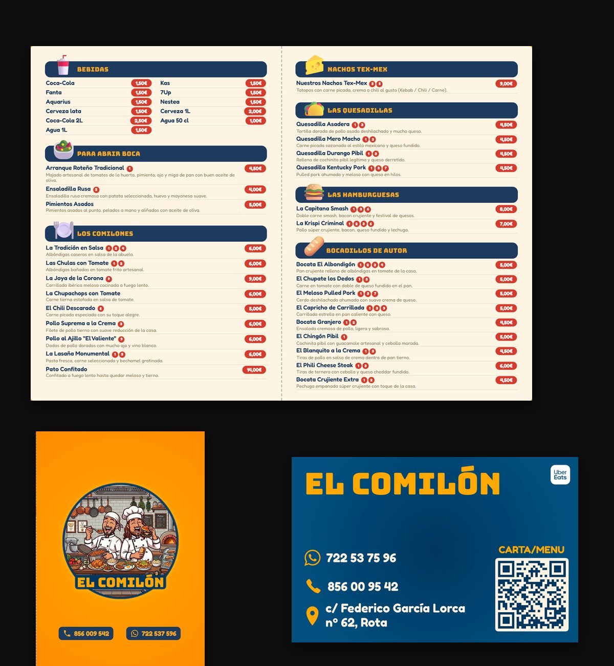 Carta, portada y tarjeta diseñadas para un bar de Rota